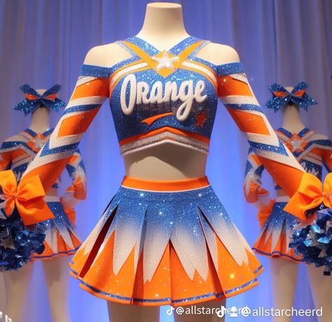 Orange Cheer Uniforms, Blue And Orange Cheer Uniforms, Cheerdance Uniform, Cheer Dance Outfit, Cheerleader Outfit Ideas, Cheer Costumes, Moda China, Black Cheerleaders, Blue Cheer