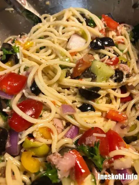 CALIFORNIA SPAGHETTI SALAD | InesKohl Kitchen Best Way To Freeze Corn, California Spaghetti Salad, California Spaghetti, Ineskohl Kitchen, Great Pasta Recipes, Parmesan Meatloaf, Freezing Corn, Lunch Pizza, Crockpot Meatballs