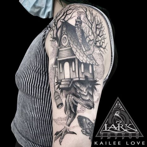 Lark Tattoo, Apocalypse Tattoo, Baba Yaga House, House Tattoo, Yoga Tattoos, Baba Jaga, Mother Tattoos, Incredible Tattoos, Leg Tattoo Men