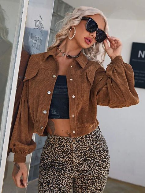 Solid Corduroy Button Through Jacket | SHEIN USA Brown Corduroy Jacket Outfit, Corduroy Jacket Outfit, Cropped Jacket Outfit, Corduroy Jacket Womens, Suede Outfit, Brown Corduroy Jacket, Jacket Outfit Women, Iranian Women Fashion, Jacket Outfit