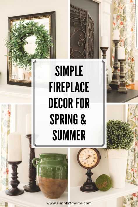 Simple fireplace decor ideas for spring and summer from www.simply2moms.com | #decor #boxwood #green #mirror #mantel #farmhouse Simple Fireplace Decor, Summer Mantel Decorating Ideas, Spring Fireplace, Spring Fireplace Decor, Spring Mantle Decor, Fireplace Decor Ideas, Farmhouse Mantle Decor, Farmhouse Mantle, Summer Mantel