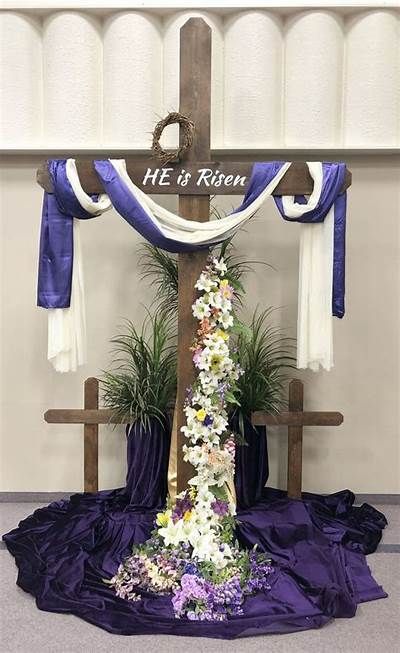 Christian Table Decorations for Easter in 2021 | Church easter ... Easter Decorations Centerpieces, Cheap Easter Decorations, Easter Altar Decorations, Easter Church Flowers, Lent Decorations For Church, Easter Photo Backdrop, Wooden Easter Decorations, Church Christmas Decorations, Church Altar Decorations