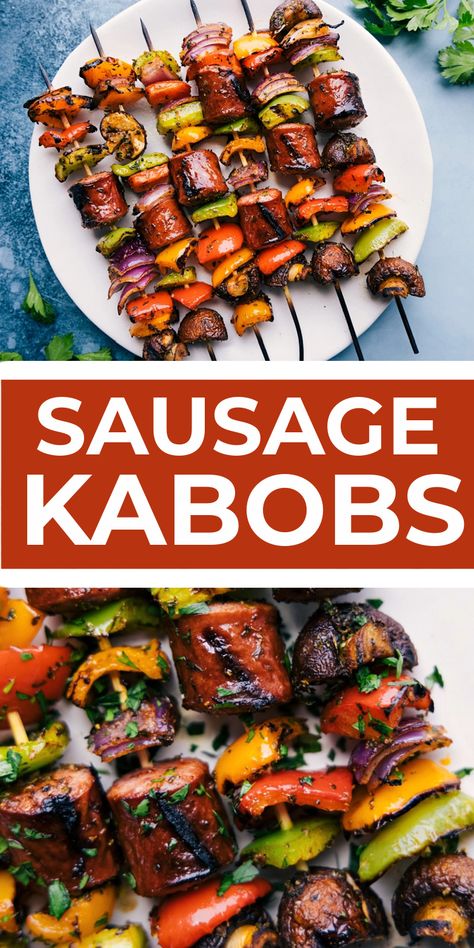 Chicken And Sausage Kabobs On The Grill, Polish Sausage Kabobs, Kielbasa Kabobs On The Grill, Kabobs On The Grill Sausage, Chicken Sausage Kabobs, Sausage Kebabs Skewers, Smoked Sausage Grill Recipes, Chicken Sausage Skewers, Smoked Sausage Skewers