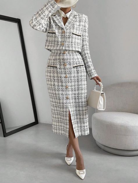 Black and White Elegant Collar Long Sleeve  Plaid  Embellished Non-Stretch  Women Clothing Chanel Suits For Women, Black Chanel Dress, Tweed Jacket Outfit, Blazer Skirt Set, Nikah Outfit, Chanel Style Jacket, Classy Skirts, White Long Skirt, Button Front Skirt