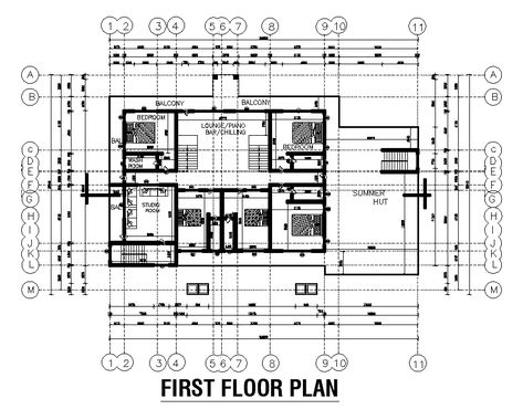 40x26m first floor house plan is given in this Autocad drawing file. This is G+1 house plan. One Floor House Plans, House Columns, 2 Storey House, Drawing Block, House Plan Ideas, Dr House, Autocad Drawing, Cad Drawing, Plan Ideas