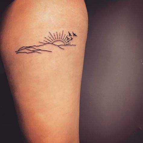 Mountain And Sunrise Tattoo, Morning Sun Tattoo, Sunrise Over Mountains Tattoo, Hills And Valleys Tattoo, Mountain Sunrise Tattoo, Mountain Line Tattoo, Forearm Script Tattoo, Couple Tats, Tattoo Mountain