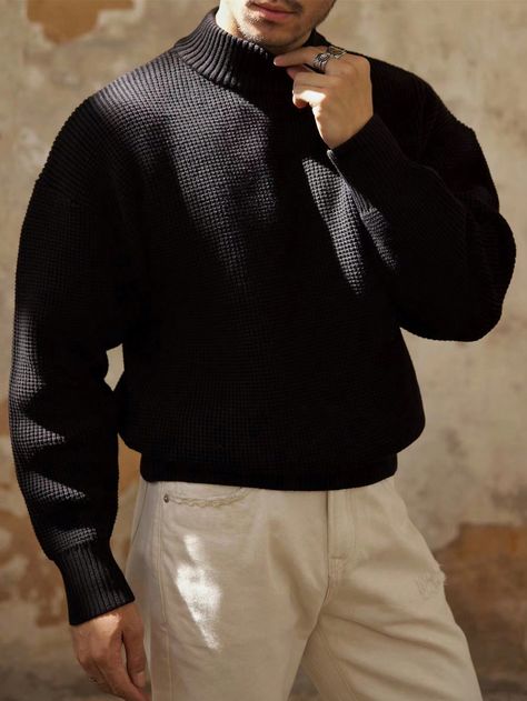 Black Casual Collar Long Sleeve Knitwear Plain Pullovers Embellished Slight Stretch  Men Clothing Black Sweater Outfit, Vintage Turtleneck, Male Sweaters, Loose Turtleneck, Fashion Knitting, Men Pullover, Classy Outfits Men, Autumn Decoration, Outfits Hombre