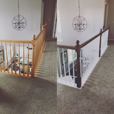 Banister Makeover, Painted Banister, Tri Level House, Oak Banister, General Finishes Gel Stain, Paint With Water, 80s House, Stair Banister, Water Based Primer