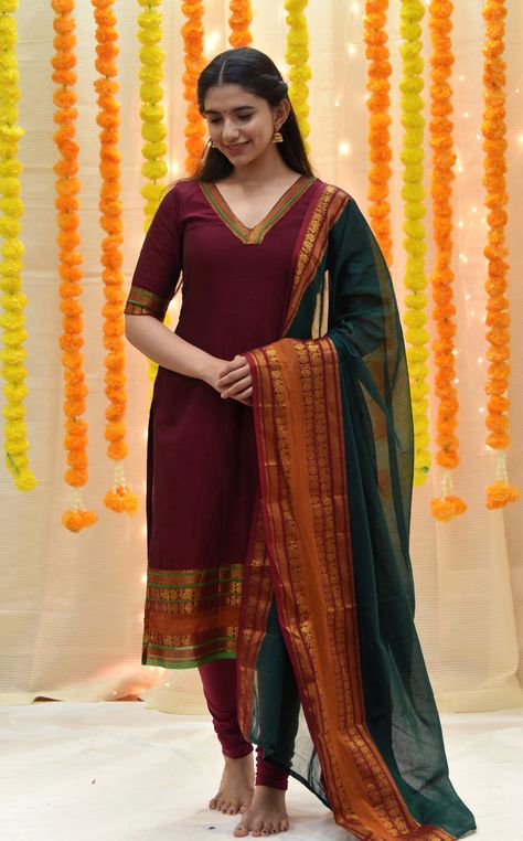 Buy Maroon Indian Traditional Narayanpet Cotton Ethnic Designer Online in India - Etsy Kiki Dress, Cotton Blouse Design, Stylish Kurtis Design, Wedding Saree Blouse Designs, Long Gown Design, Kurti Patterns, Salwar Designs, Ladies Day Dresses, Simple Kurta Designs