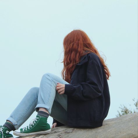 a redhead girl facing away from the camera and sitting on top of a tree branch Faceless Redhead Aesthetic, Red Haired Girl Aesthetic, Redhead Aesthetic Faceless, Red Hair Aesthetic Natural, Red Head Girl Aesthetic, Red Head Aesthetic, Redhead Aesthetic, Aesthetic Converse, Rachel Elizabeth Dare