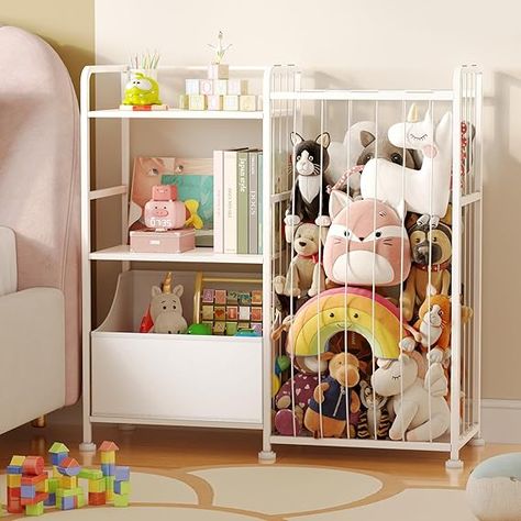 BBLIKE Stuffed Animal Storage - Stuffed Animal Net with Kids Bookshelf and Toy Organizer, 2-Tier White Bookshelf with Stuffed Animal Holder and Fabric Toy Chest for Kids Room, Playroom, Nursery  #homedesign #homedecor #housedesign #housedecor #room #roomdecor #roomdesign #interior #design #home #house #furniture #decor #bedroom #kitchen #livingroom Girl Toy Storage, Storing Stuffed Animals, Stuffed Animal Net, Stuffed Animal Holder, Toy Storage Shelves, White Bookshelf, Nursery Interior Design, Toddler Organization, Kids Bookshelf