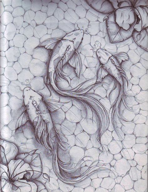 fish in a pond by denxio Karp Koi, Fish Sketch, Koi Fish Drawing, Art Du Croquis, Ikan Koi, Koi Art, Koi Fish Tattoo, Two Fish, Fish Drawings