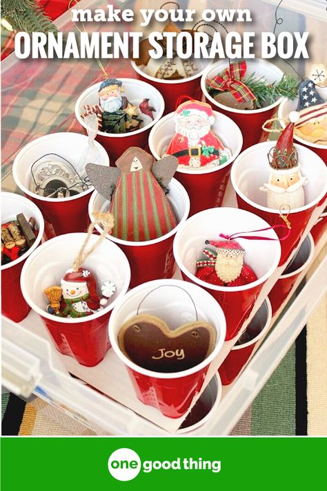 Cheap and easy Christmas organizer! Make your own Christmas ornament storage box with plastic solo cups, a glue gun and some cardboard! #ornamentorganizer #Christmasorganization Christmas Ornament Storage Diy, Holiday Organization Storage, Make Your Own Christmas Ornaments, Christmas Organizer, Holiday Decor Storage, Cardboard Christmas, Christmas Ornament Storage, Ornament Storage Box, Home Organizers