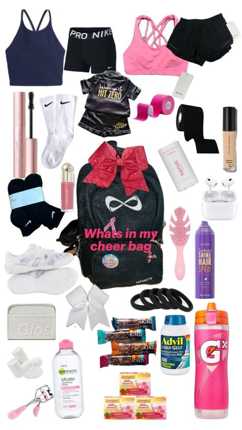 What To Put In Your Cheer Bag For Competition, Cheer Practice Bag, Cheer Bag Essentials Practice, Color Guard Bag Essentials, Cheer Must Haves, Cheer Bag Essentials, Cheer Essentials, Cheer Hairstyles, Cheer Bags