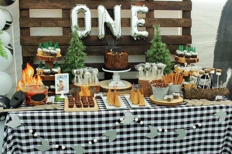 Wild One birthday party table decorations and cake #wildoneparty #wildonepartyideas #wildonepartydecor #wildonebirthdayparty #wildonebirthdaypartydecorations #wildonebirthdaypartyideas #kidsbirthdayparty #firstbirthdaypartyideas #boybirthdayparty #girlbirthdayparty Wild One Birthday Party Ideas, One Birthday Party Ideas, Campfire Birthday Party, Happy Camper Birthday Party, Adventure Birthday Party, Camp Birthday, Camping Theme Birthday Party, Camping Theme Birthday, Lumberjack Birthday Party