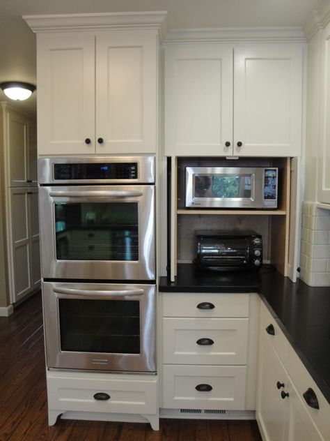 Kitchen Counter Organization Appliances, Den Remodel, Remodel Kitchen Cabinets, Creative Cabinet, New Cabinet Doors, Modern Kitchen Open, Floor To Ceiling Cabinets, Microwave Cabinet, Oven Cabinet