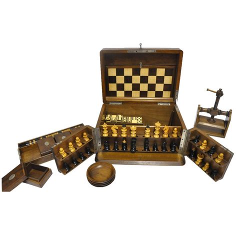 Antique Chess, Checkers and Dominos Game Box | From a unique collection of antique and modern boxes at https://www.1stdibs.com/furniture/decorative-objects/boxes/ Dominos Game, Domino Games, Games Box, Chess Board, Chess, Decorative Objects, Poker, 19th Century, Walnut