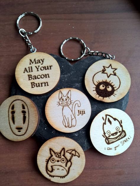 studio ghibli totoro jiji calcifer sootball no face Keyrings key Chains Personalised keyrings Pyrography Keyring Ideas, Wooden Keyring Ideas, Mdf Keychain, Studio Ghibli Totoro, Ghibli Totoro, Fantasy Craft, Canvas Bag Design, Personalised Keyrings, Nerd Crafts