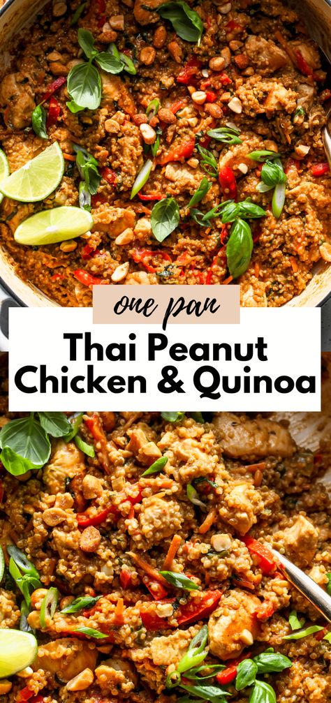 Thai Peanut Chicken with Quinoa and Basil is a one-pan meal perfect for busy weeknights. Featuring sautéed chicken and colorful veggies in a rich peanut sauce with lots of fresh herbs. Protein-packed and filled with good-for-you nutrients. Chicken Quinoa Recipes, Chicken With Quinoa, Chicken And Quinoa, Sautéed Chicken, Colorful Veggies, Thai Peanut Chicken, Chicken Quinoa, Thai Peanut, Peanut Chicken