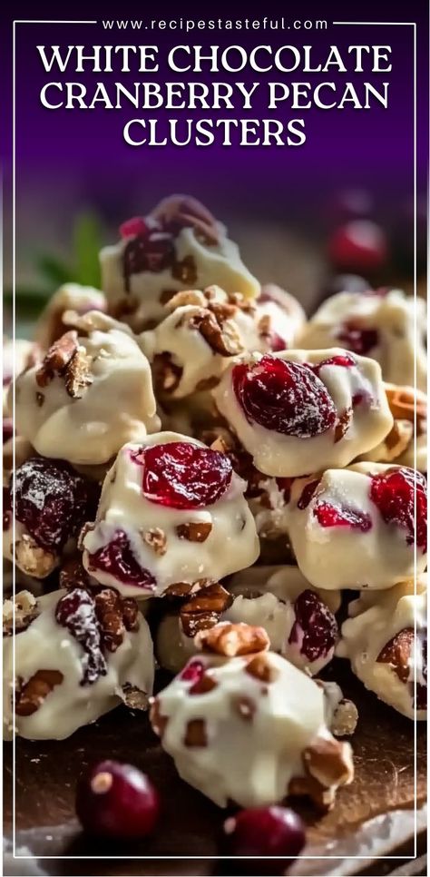 Delightful clusters of smooth white chocolate, tart cranberries, and crunchy pecans. These sweet treats are easy to make and perfect for sharing at parties, as holiday gifts, or simply as a delicious snack. Cranberry Candy, White Chocolate Tart, Pecan Clusters, Easy Christmas Candy Recipes, White Chocolate Candy, White Chocolate Cranberry, Christmas Candy Recipes, Crunchy Pecans, Chocolate Pecan