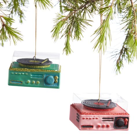 Glass Record Player Ornaments Set Of 2 - World Market Roller Skate Ornament, Bicycle Ornament, Travel Ornament, Unique Christmas Ornaments, Glass Christmas Tree Ornaments, Record Players, Festive Decor, Christmas Ornament Sets, Glass Christmas Tree