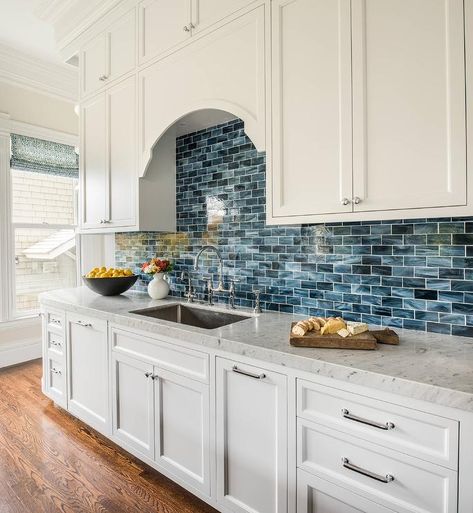 Hooray for the White and Blue Kitchen | Centsational Style Blue Backsplash Kitchen, Backsplash Kitchen White Cabinets, Kitchen With White Cabinets, Backsplash With White Cabinets, Best Kitchen Design, White Kitchen Backsplash, Blue Backsplash, Kitchen Backsplash Designs, Blue Tile