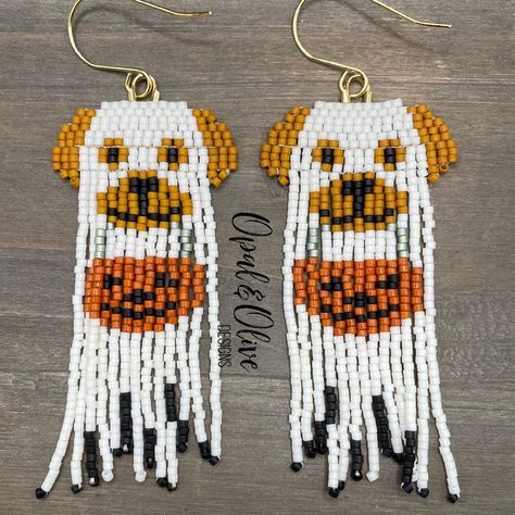 Barkley, trick or treat puppy.  These cute halloween earrings are so fun!  Made with tiny Miyuki Delica beads, they are really light weight and have so much movement.    These earrings are handwoven, hand beaded, and intricately designed.  Woven with small Miyuki glass beads and strong nylon thread to last a lifetime.   Bead weaving is a time consuming art, each tiny bead is selected and hand sewn one at a time with a needle and thread.  So much love and care goes into each piece.   Woven into t Beaded Brick Stitch Earrings, Halloween Seed Bead Earrings, Halloween Beading, Fall Bead, Homemade Halloween Decorations, Holiday Beading, Beaded Fringe Earrings, Bead Loom Pattern, Miyuki Delica Beads