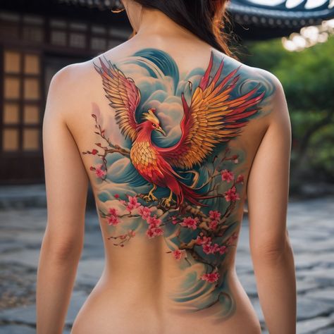 Phoenix Tattoo Thigh Hip, Asian Style Phoenix Tattoo, Fenix Bird Tattoo, Colorful Back Tattoos For Women, Phoenix Reference, Elaborate Tattoos, Nicole Tattoo, Tattoo Touch Up, Tato Phoenix