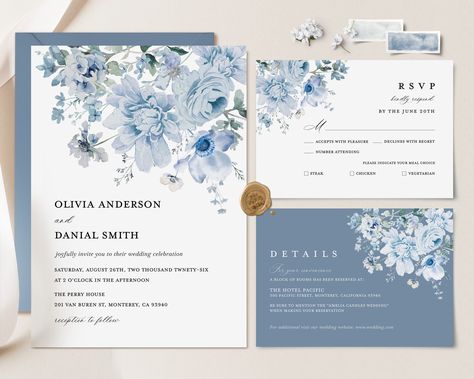 "Dusty Blue Minimalist Wedding Invitation Template, Steel Blue Floral Wedding Invite Set, Light Blue Details Card, Printable DIY RSVP, Instant Download, Livia ----------------------------------------------------------------------------- THIS FILE IS AN EDITABLE DIGITAL FILE. (COMPUTER, MOBILE DEVICE) DIGITAL FILES ONLY NO PRINTED MATERIALS ----------------------------------------------------------------------------- ★BUY MORE & SAVE MORE★ * You get a 40% discount when you buy 3 or more items. Co Simple Wedding Invitations Dusty Blue, Dusty Blue Invitation Template, Dusky Blue Wedding Invitations, Blue Flower Wedding Invitations, Powder Blue Wedding Invitations, Steel Blue Wedding Invitations, Dusty Blue Wedding Inspiration, Dusty Blue Wedding Invitations Template, Wedding Invites Blue