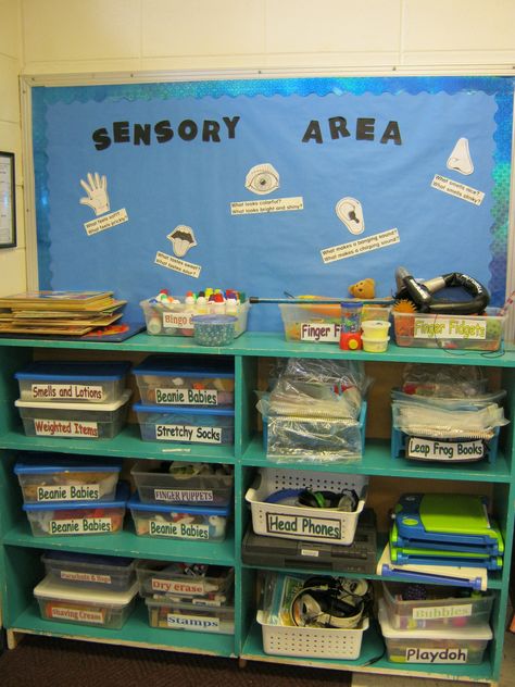 For my resource classroom....sensory area for kids with needs.  Easily accessible.need to label area in my room.  Need to separate out sensory items and label containers. Sensory Area, Sensory Classroom, Asd Classroom, Intervention Classroom, Sensory Items, Self Contained Classroom, Classroom Organisation, Sensory Room, Reading Intervention