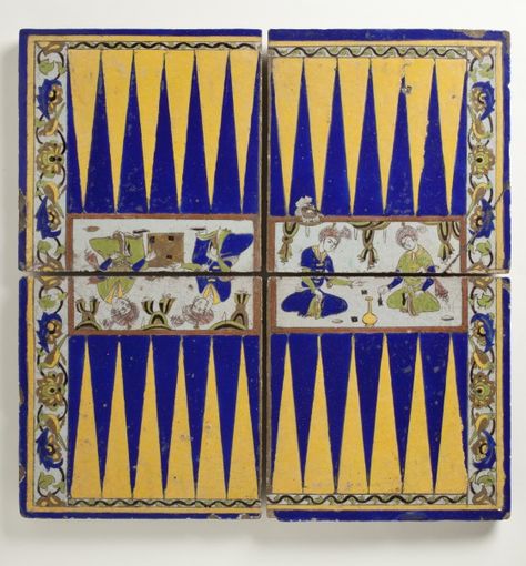 Four Tiles Forming a Backgammon Board 17th Century| LACMA Collections Persian Tiles, Medieval Games, Old Board Games, Pub Games, Mosaic Table Top, Chess Boards, The Riddle, Backgammon Board, Backgammon Set