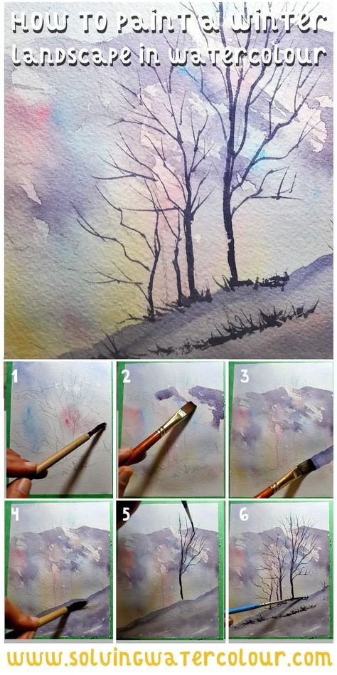 Landscape How To Paint, Watercolor Landscape Step By Step, Watercolor Winter Scenes Tutorials, Watercolor Trees Landscape, Watercolor Art Lessons Step By Step, Watercolor Winter Landscape, Watercolour Winter, Winter Drawings, Winter Landscapes