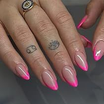 Natural Short Almond Nails, Hot Pink French Tip, Natural Stiletto Nails, Nails Short Almond, Oval Acrylic Nails, Pink French Tip, Nails Press Ons, French Tip Press On Nails, Short Almond Nails