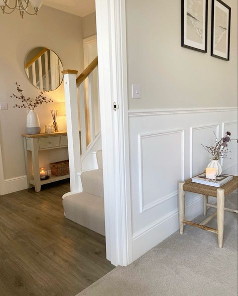 Hallway Landing Ideas, Stair Panelling, Cream Hallway, Brown Hallway, Beige Hallway, Stairs And Hallway Ideas, Stair Paneling, Entrance Hall Decor, Landing Ideas