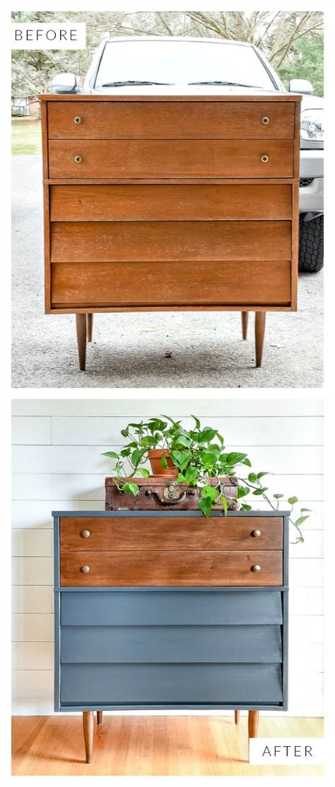 A mid century modern dresser gets updated with paint and stain for a beautiful two-tone makeover. #furnituremakeover #paintedfurniture #mcmlover #midcenturymodernfurniture #mcmfurniture #thrifttransformation #milkpaint #generalfinishes Mid Century Modern Dresser Makeover, Modern Dresser Makeover, Cheap Diy Furniture, Furniture Makeover Ideas, Easy Furniture Makeover, Diy Furniture Makeover, Diy Furniture Makeover Ideas, Wood Mid Century, Diy Dresser Makeover