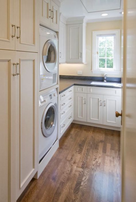 stacked washer and dryer and laundry baskets stacked in cabinet beside....detergents above Traditional Laundry Room, Ideas Entryway, Laundry Room Storage Shelves, Laundry Room/mud Room, Small Laundry Room Organization, Pantry Laundry, Room Storage Diy, Stackable Washer And Dryer, White Laundry