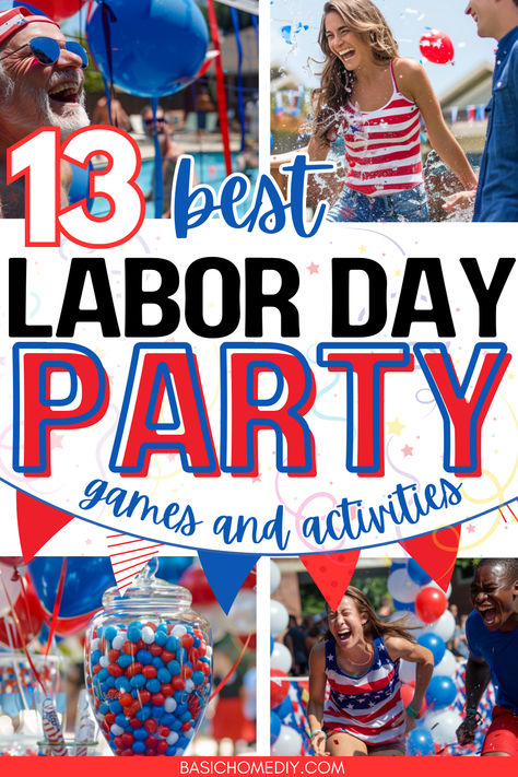 Find the best Labor Day party games and activities - including patriotic lawn games for all ages! From kids to seniors, families to teens to party game ideas for adults, you'll love these DIY, printable, indoor or outdoor patriotic game ideas for holiday fun! Enjoy yard games, pool games, and backyard game ideas. Make this end of summer party unforgettable for your family and friends with the best Labor Day party ideas for games and activities. Backyard Game Ideas, Party Game Ideas For Adults, Game Ideas For Adults, Labor Day Party Ideas, Block Party Games, End Of Summer Party, Kid Friendly Party, Labor Day Party, Neighborhood Block Party