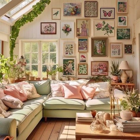 Green And Pink House Decor, Funky Modern Interior Design, Cute Appartement Aesthetic, Fairytale Living Room, Unique Living Room Ideas, Living Room Colorful, Pink And Green Living Room, Cute Living Room Ideas, Maximalist House