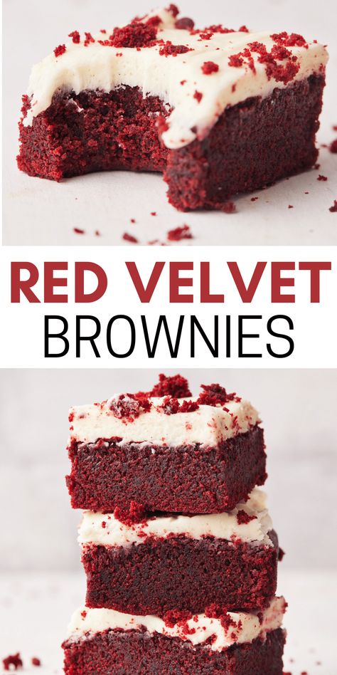 These red velvet brownies are the perfect combination of red velvet cake and gooey brownies. They are fudgy and chewy and have that gorgeous red velvet color. The cream cheese frosting on top really finishes them off, making them the perfect dessert for valentines day, christmas or even just as an anytime treat. Easy to make and a super pretty twist on homemade brownies. #redvelvet #redvelvetrecipes #redvelvetbrownies #brownies #bakingideas #valentiensdesserts #christmasdesserts #reddesserts Brownies With Cream Cheese Frosting, Brownies With Cream Cheese, Velvet Brownies, Red Velvet Brownies, Brownies Recipe Homemade, Easy Baking Recipes Desserts, Sweet Snacks Recipes, With Cream Cheese Frosting, Baked Dessert Recipes