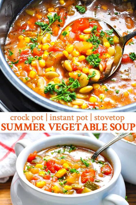 A light and healthy homemade Summer Vegetable Soup can be made in the Instant Pot pressure cooker, in the slow cooker, or on the stovetop for an easy dinner recipe! #vegetablesoup #soup #summer #healthysoup #vegetarianrecipes Vegetable Soup Instant Pot, Summer Vegetable Soup, Soup Summer, Soup Instant Pot, Vegetarian Crockpot Recipes, Pot Recipes Healthy, Summer Soup, Easy Dinner Recipe, Veggie Soup