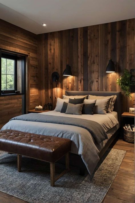 Upgrade your bedroom with masculine flair! Explore our handpicked male bedroom ideas for a space that reflects your style. Follow for more! Rustic Male Bedroom, Masculine Guest Room, Bachelor Interior Design, Dark Rustic Bedroom, Mens Bedroom Ideas Masculine Interior, Bachelor Bedroom Ideas, Adult Male Bedroom Ideas, Nature Rooms, Bachelor Pad Bedroom