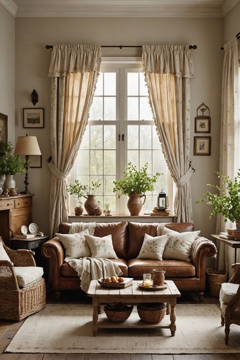 Cottage Living Room With Leather Sofa, Country House Sitting Room, French Country Living Room With Leather Sofa, Cream Cottage Living Room, European Country Living Room, French Country Leather Sofa, Country Sofas Farmhouse Couch, Home Decor Sofa, British Cottage Living Room