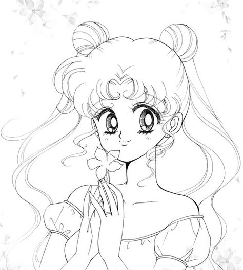 Sketch of Usagi Tsukino (Sailor Moon) holding flower from "Sailor Moon" series by manga artist Naoko Takeuchi. Sailor Manga, Sailor Luna, Sailor Moon Tattoo, Naoko Takeuchi, Sailor Moon Usagi, Sailor Moon Manga, Sailor Moon Character, Sailor Saturn, Sailor Mercury