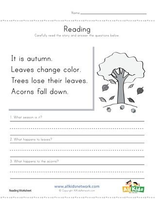 Autumn Reading Comprehension Worksheet Autumn Worksheets For Kids, Autumn Worksheet, Fall Reading Comprehension, Worksheets For 2nd Grade, Writing Kindergarten, Free Reading Comprehension Worksheets, Autumn Reading, Seasons Worksheets, Fall Worksheets