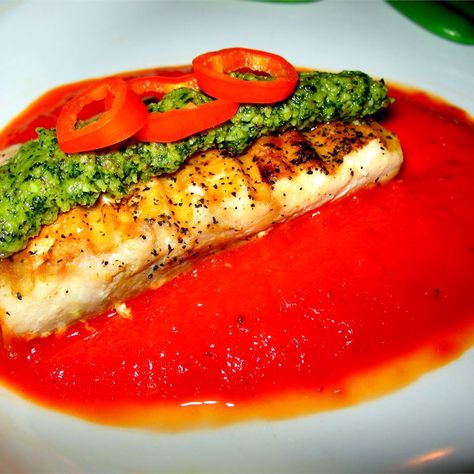 Grilled Mahi Mahi with Roasted Pepper Sauce and Cilantro Pesto Mahi Recipes, Baked Mahi Mahi, Grilled Mahi Mahi, Mahi Mahi Recipes, Cilantro Pesto, Cream Of Potato Soup, Roasted Pepper Sauce, Roasted Red Pepper Sauce, Classic Appetizers