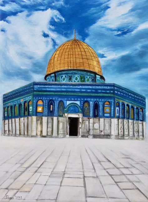 Painting Of Mosque, Masjid Al Aqsa Painting, Al Aqsa Mosque Painting, Dome Of The Rock Painting, Mosque Painting, Painting Islamic, Islamic Mosque, Contemporary Realism, Mosque Art