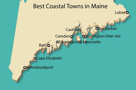 A map of maine coastal towns, from Kennebunkport in the west to Lubec in the east. Maine Coastal Towns, Maine Coastline, Maine In The Fall, Maine Road Trip, Incredible Nature, Maine Map, New England Road Trip, East Coast Travel, East Coast Road Trip