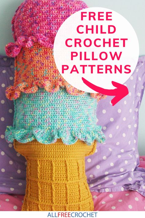 24 Free Crochet Children's Pillow Patterns | For the best crochet pillow patterns for your children's bedroom, stop right here! Crochet Bodies, Childrens Pillows, Food Pillows, Crochet Pillow Patterns Free, Pillow Pals, Girls Pillows, Pocket Pillow, Crochet Pillow Pattern, Crochet Pillows