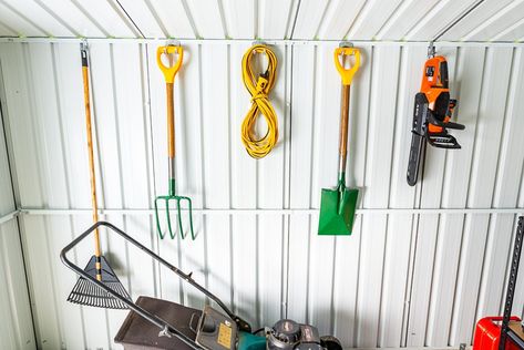 Metal Storage Shed Organization, Metal Shed Storage Ideas, Metal Shed Organization, Small Narrow Kitchen Design, Small Shed Organization Ideas, Lawn Tool Storage, Narrow Kitchen Design, Storage Shed Organization, Shed Makeover