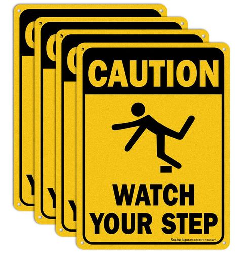 This Yellow and black "Caution, Watch Your Step" safety sign is sure to get people's attention and is the perfect way to remind people to watch their step. 10" x 7" rectangle, made of sturdy and strong rust-free .40 aluminum UV Printed. Our Heavy-duty rustproof aluminum signs can withstand inclement weather without fading. Outdoor service life up to 7 years. 4 pre-drilled holes one in each corner for easy mounting on any surface including walls, fence，poles and gates. Reflective signs illuminate Watch Your Step Sign, Caution Signs, Yellow Road, Reflective Sign, Slippery When Wet, Sign Post, Road Signs, Street Signs, Sign Printing